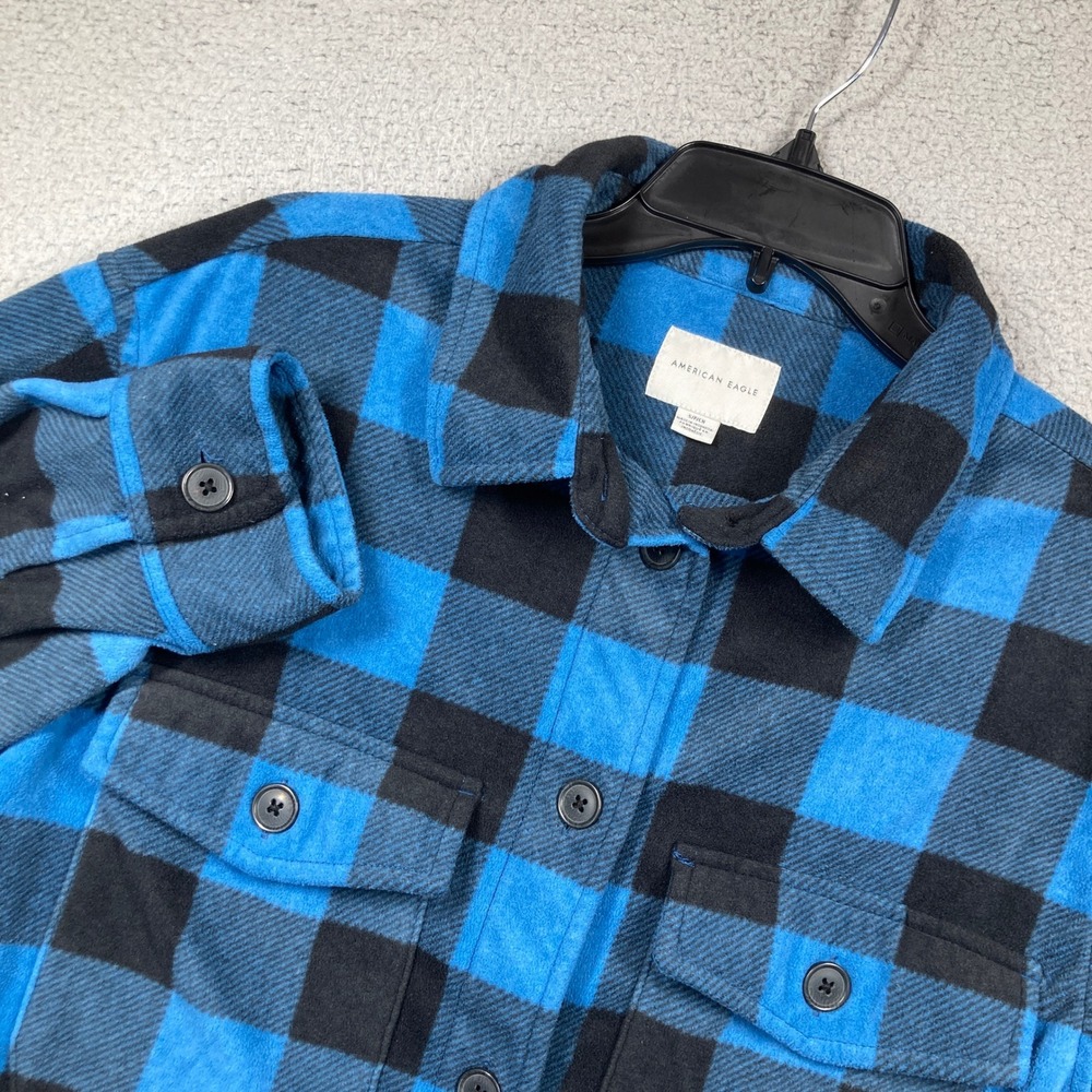 American Eagle Fleece Shirt Women Small Blue Black Buffalo Plaid Pockets Outdoor